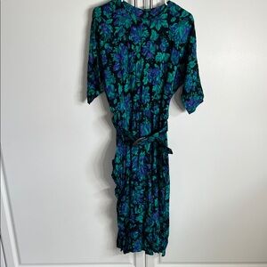Vintage Floral Green & Teal Women's Dress with Tie Waist